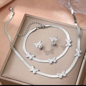Stainless Steel Butterfly Pendant Snake Chain Necklace Bracelet Earring 3pc set